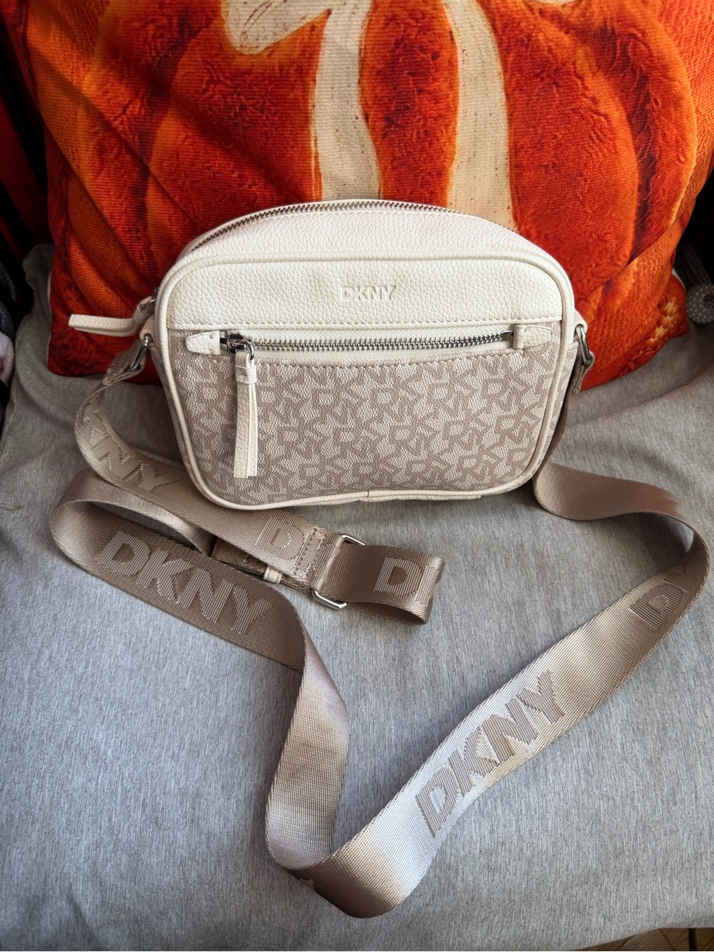 DKNY Beige & Cream Monogram Crossbody Camera Bag with Logo Strap